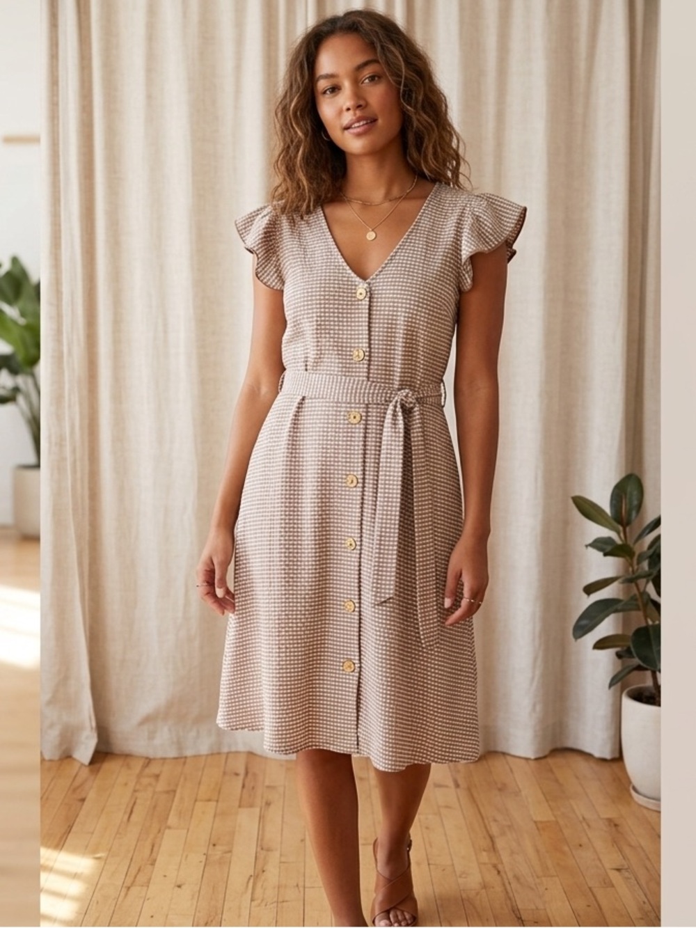 Anthropologie Caution to the Wind Beige Gingham Button-Front Midi Dress Small